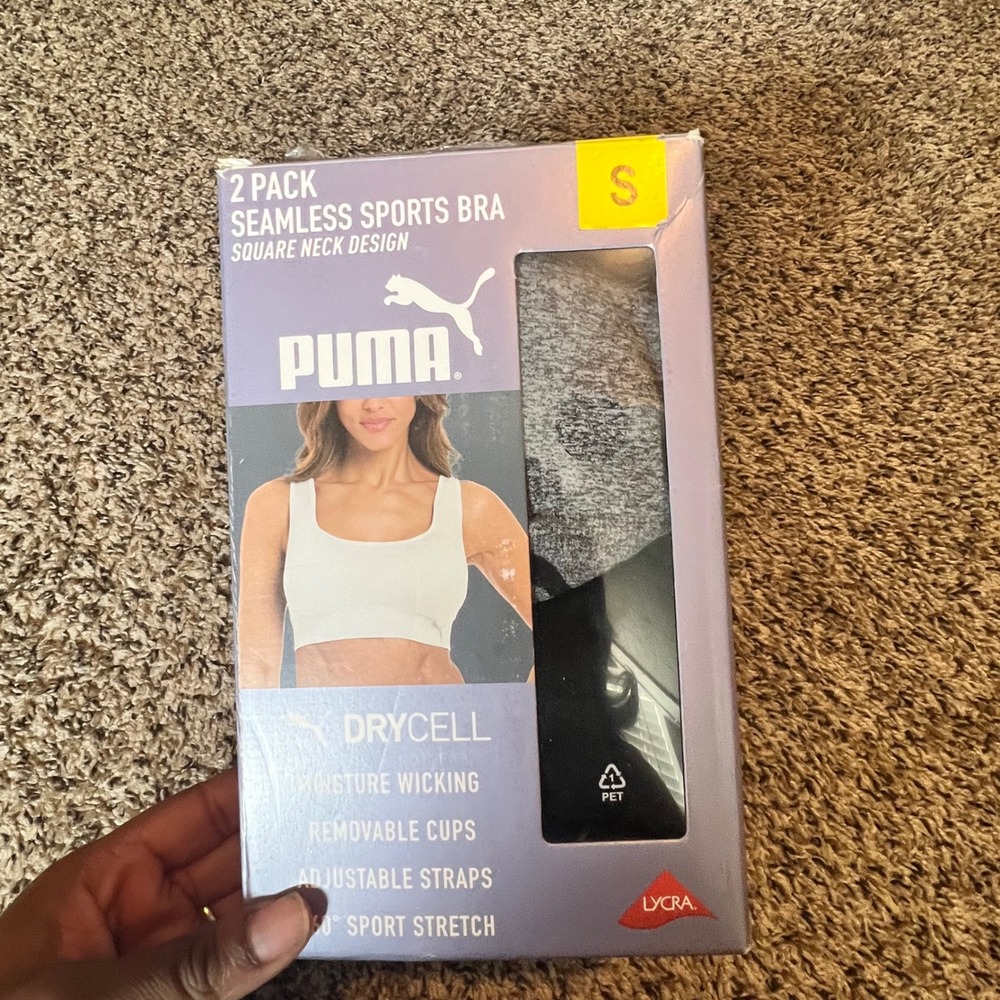 Puma Women 2 Pack Seamless Sports Bra‎ Square Neck DryCell Gray Black Size Small